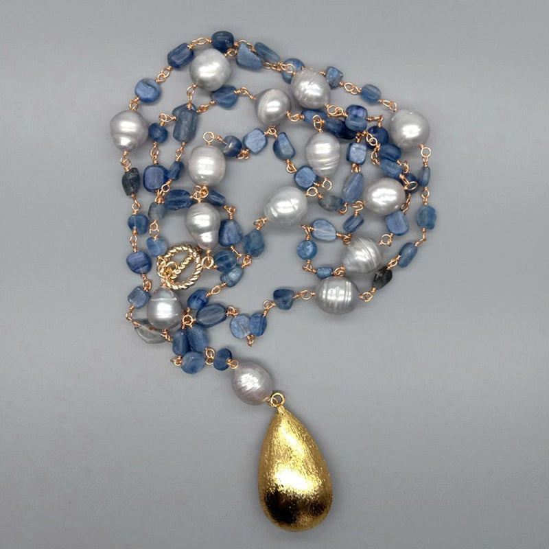 Gold Plated Kyanite and Pearl Teardrop Pendant Necklace for Women