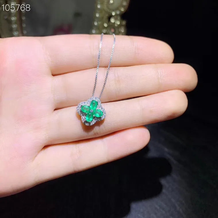 925 Silver Emerald Necklace with Clover and Grains Selection, High-end Jewelry