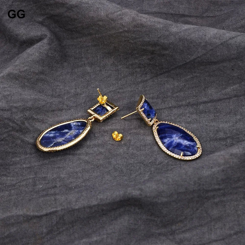 18K Gold Plated Sodalite Blue Druzy Dangle Stud Earrings for Women