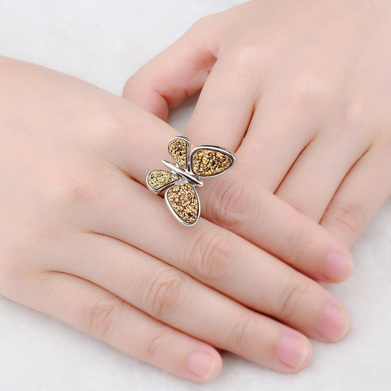 Sterling Silver Druzy Agate Butterfly Rings for Women