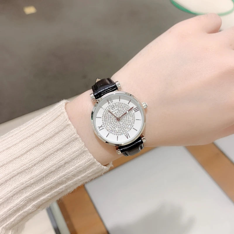 Luxury Women's Leather Quartz Diamond Dress Watch in Feminine Style