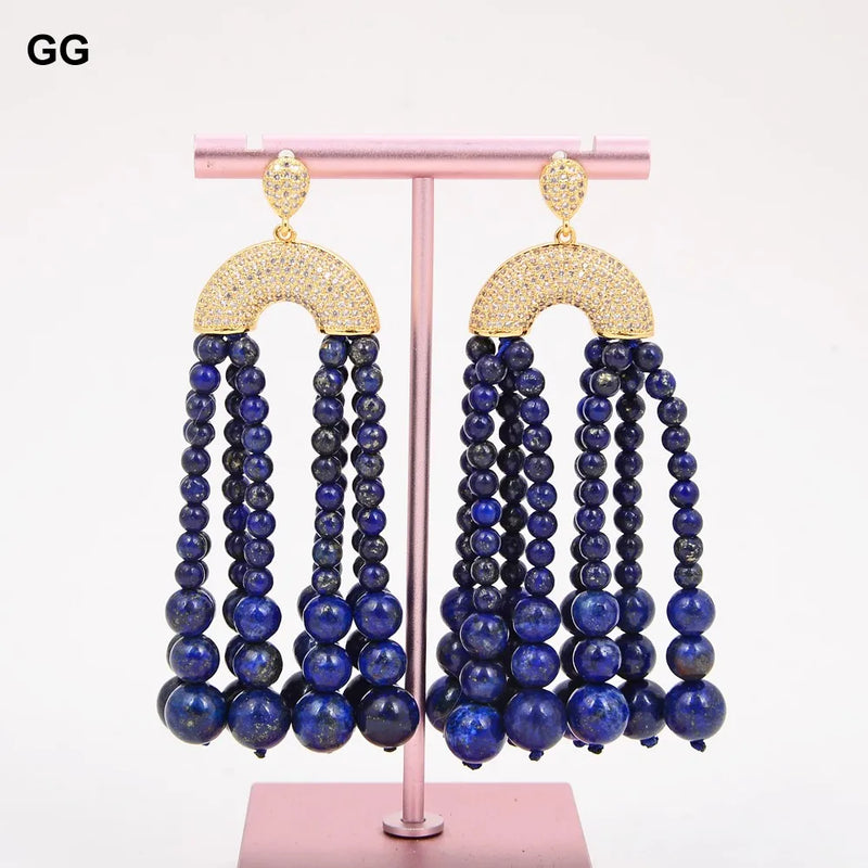 Gold Plated Round Blue Lapis Lazuli & CZ Earrings for Women