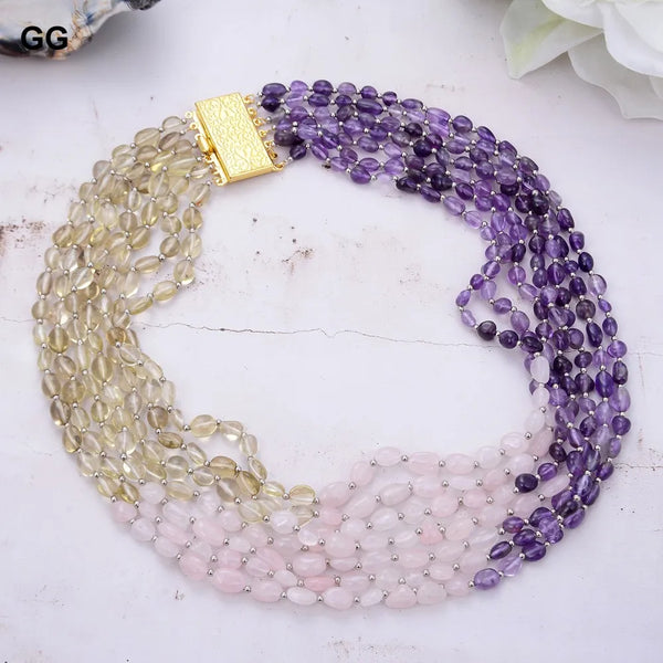 Sterling Silver 7 Rows Amethyst, Rose Quartz, Lemon Quartz Freeform Necklace for Women