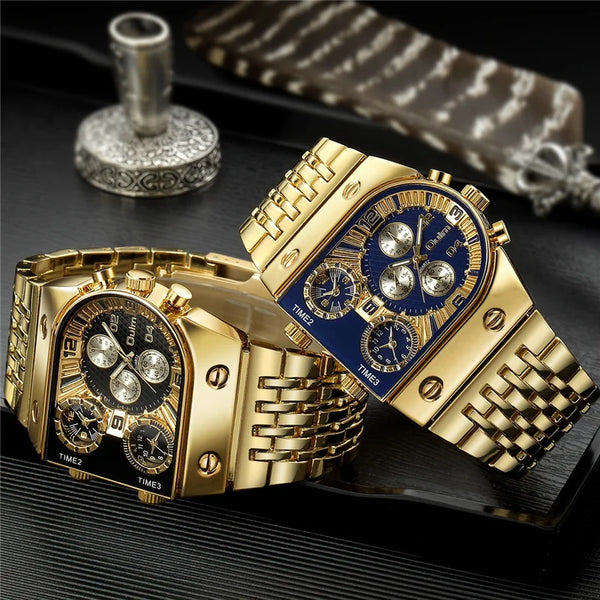 Multifunctional Large Dial Luminous Men's Watch with Gold Steel Belt and Multi-Time Zone Quartz Movement