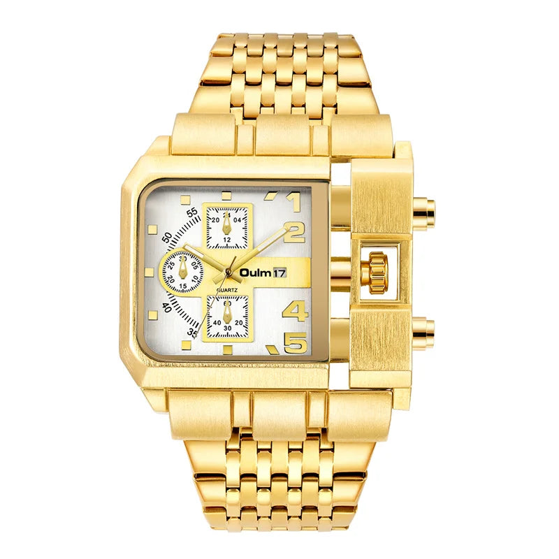 Stainless Steel Large Dial Luxury Men's Watch with Auto Date and Golden Clock.