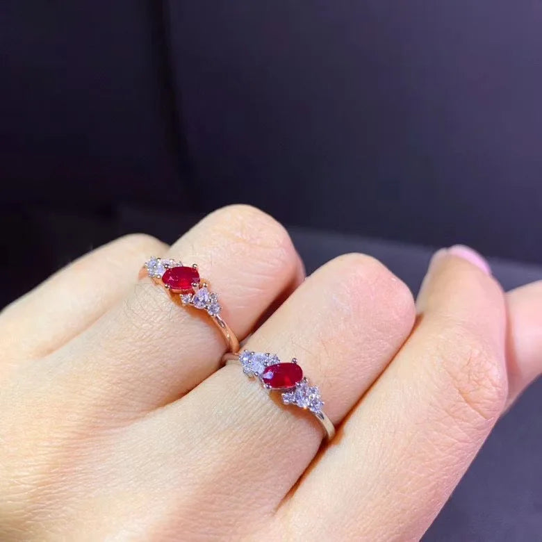 925 Silver Hemp Flowers & Red Ruby Ring for Woman