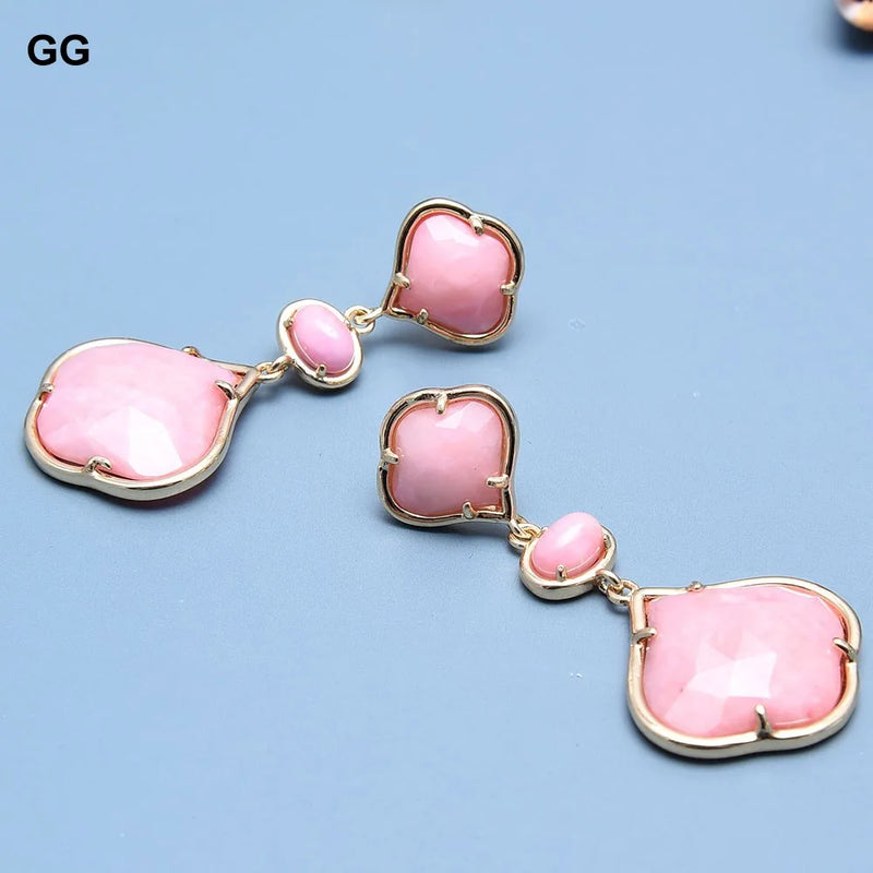 Gold Plated Peach Pink Jade Flower Dangle Stud Earrings for Women