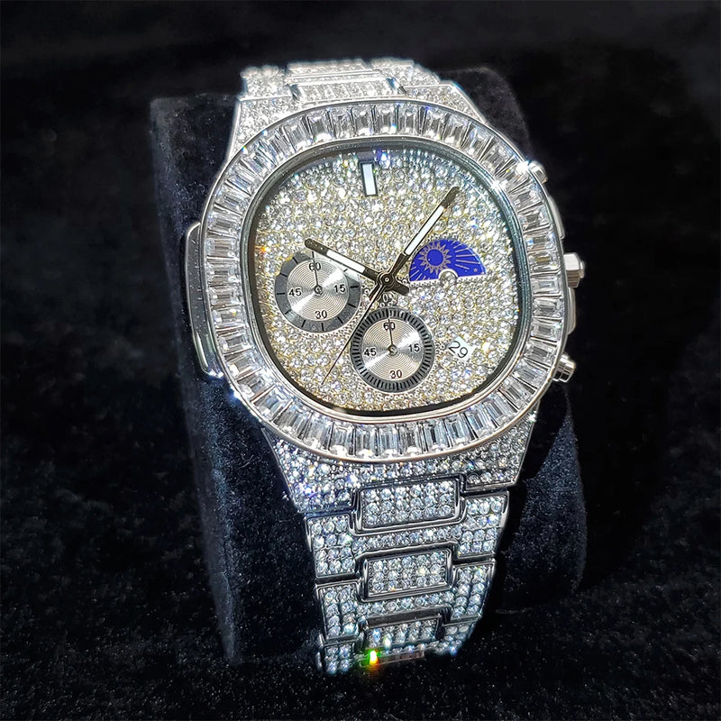 Silver Luxury Men's Quartz Watch Automatic Date Chronograph High-end Top Brand Waterproof Diamond Bezel Moon Phase Men Watches
