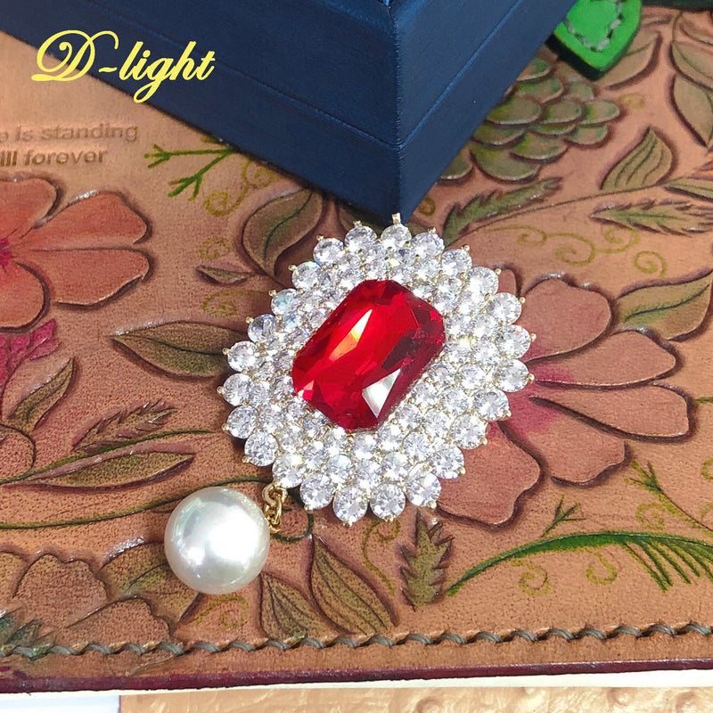 Sterling Silver Pearl Pendant with Ruby and Zircon Brooch for Ladies