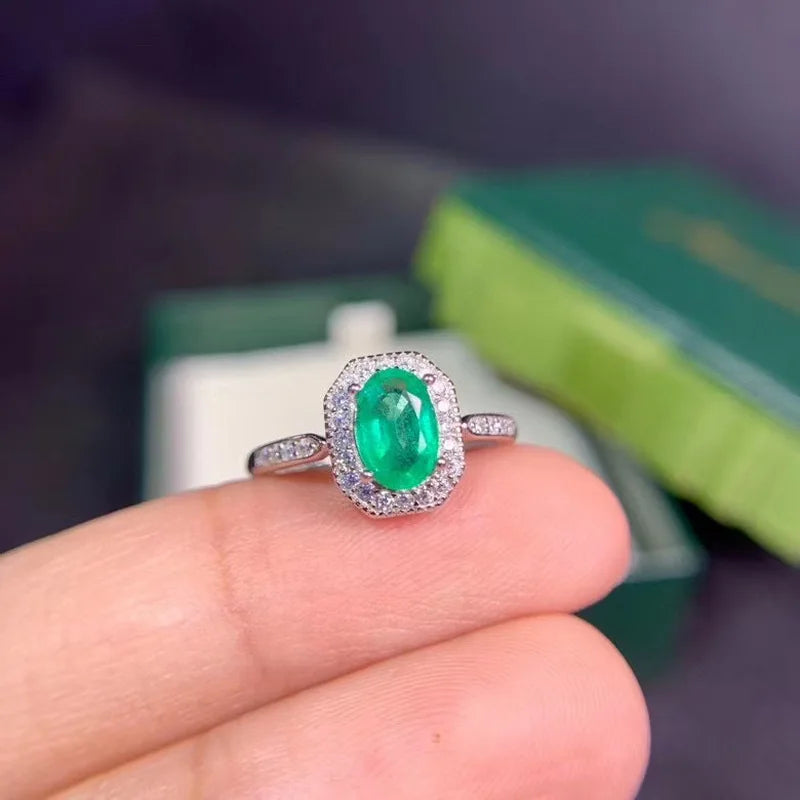 925 Sterling Silver Natural Green Emerald Ring for Women