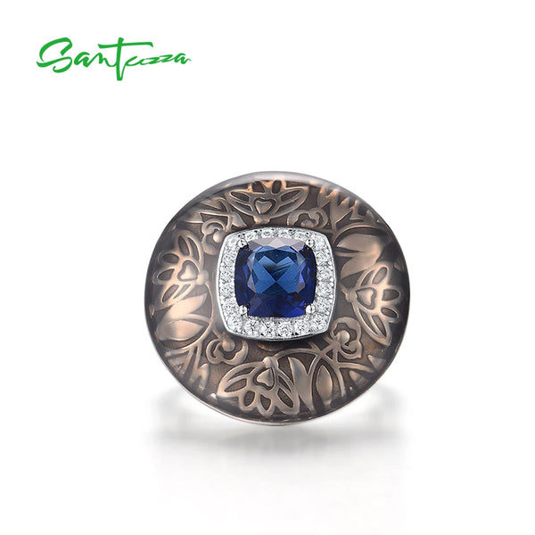 925 Sterling Silver Round Enamel Ring with Blue Glass and White CZ for Women