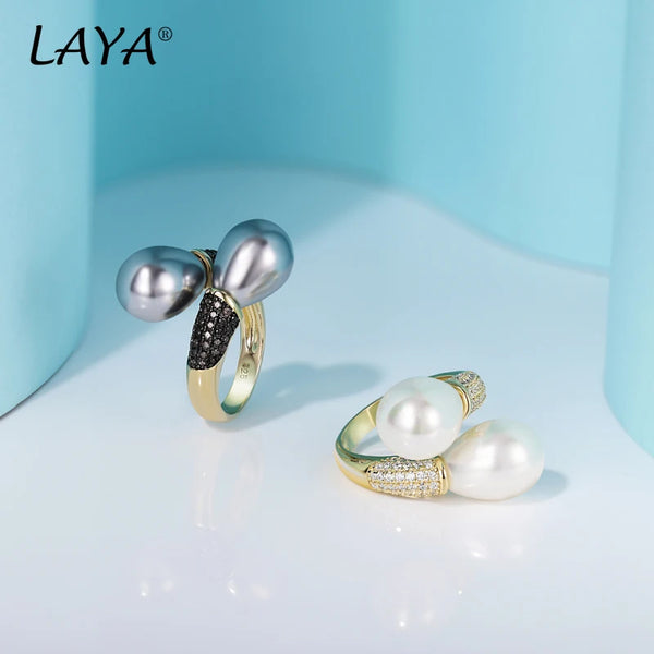 925 Sterling Silver Double Pearl Ring with Zircon for Women