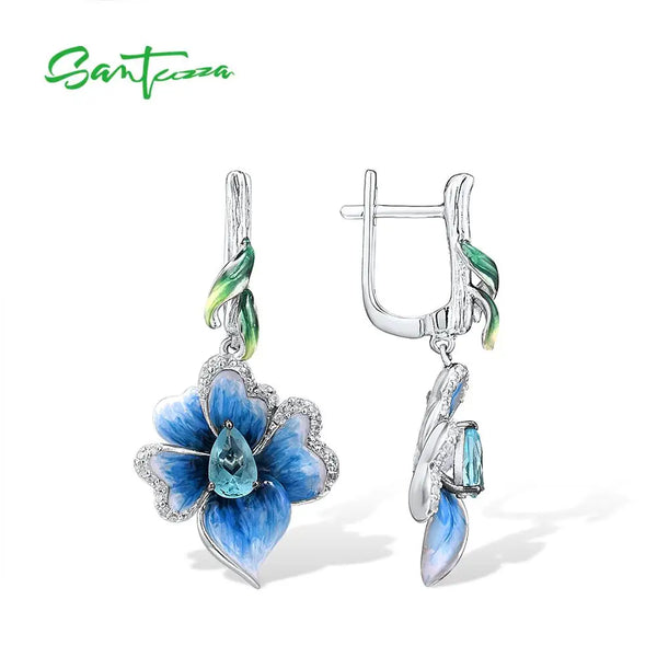 Sterling Silver Blue Flower Earrings for Women