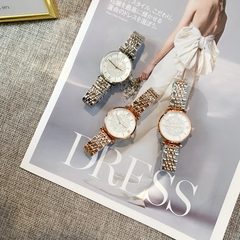 Women's Casual Wristwatch with Rhinestones & Quartz Movement