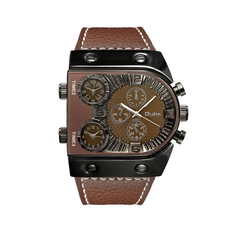 Men's Luxury Three Time Zone Sport Watch with Big Dial and Leather Band