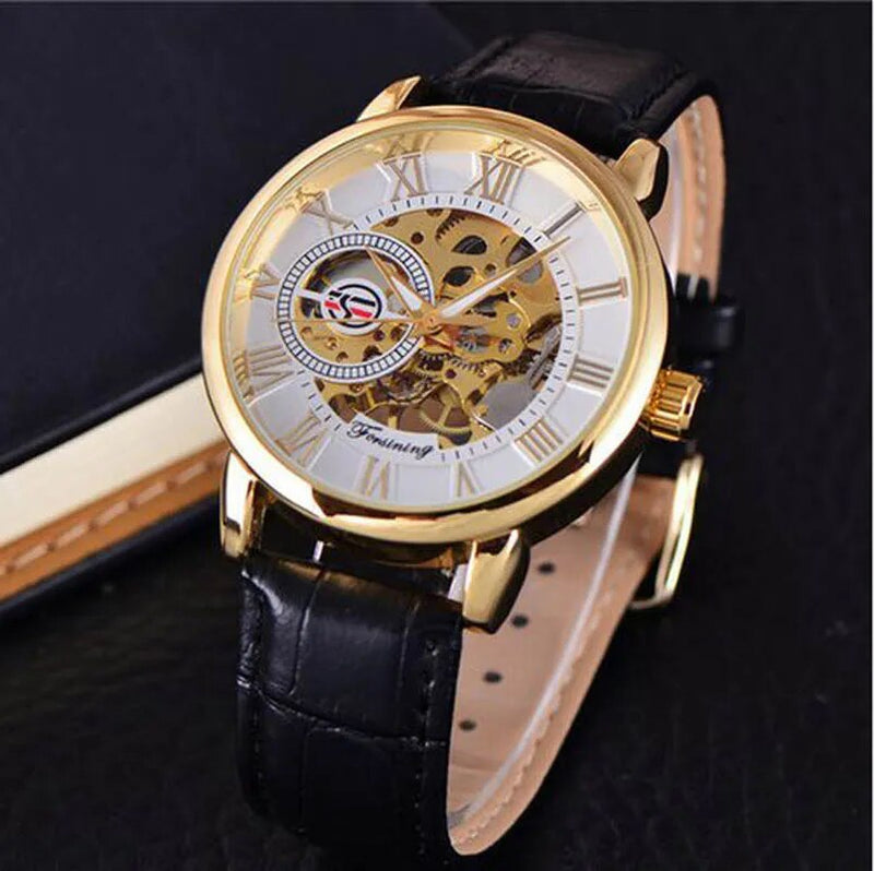 Gold Leather 3D Logo Engraved Mechanical Watch with Transparent Case for Men