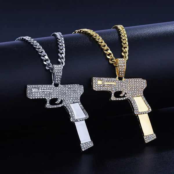 Gold Full Zircon Handgun Pendant Necklace for Men