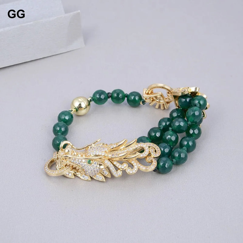 Sterling Silver Green Agate and CZ Dragon Bracelet for Women