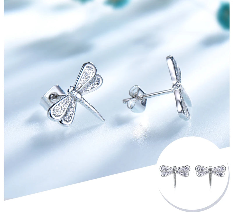 Sterling Silver White Zircon Dragonfly Stud Earrings for Women