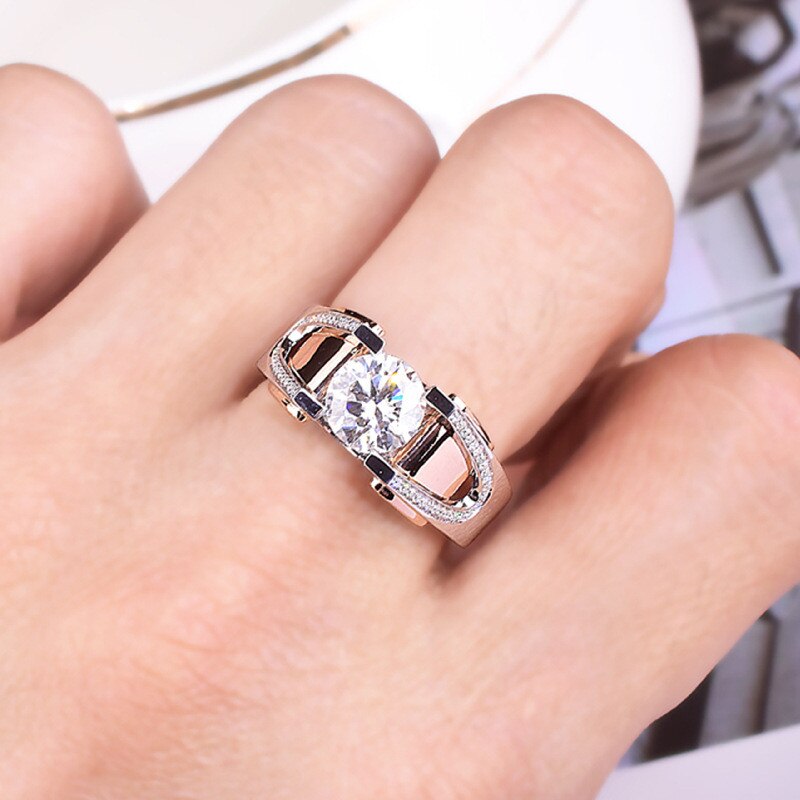 Rose Gold & White Silver Crystal Zircon Ring for Men & Women