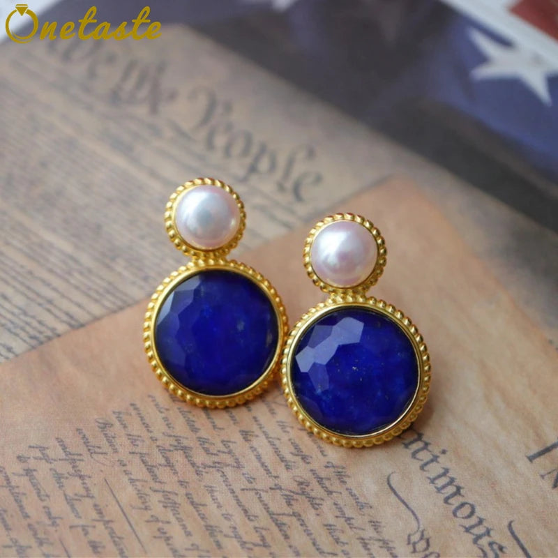 Sterling Silver Gold Plated Lapis Lazuli Pendant Earrings Set for Women