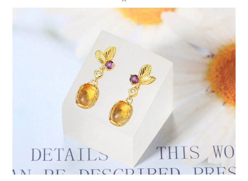 Sterling Silver Citrine Drop Earrings Leaf Shape for Women