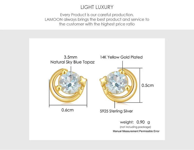 925 Sterling Silver Star Moon Topaz Stud Earrings for Women