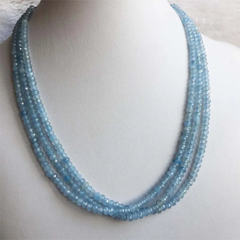 Sterling Silver Faceted Aquamarine Necklace, Vintage Natural Stone Beaded Chain Choker for Women