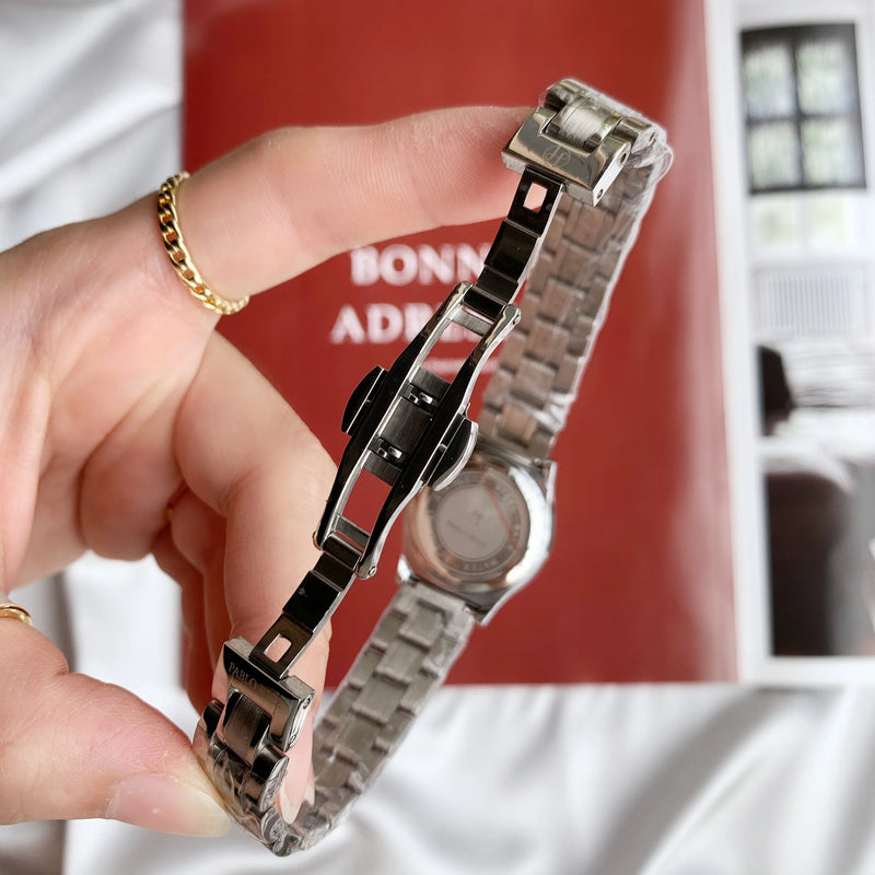 Luxury Silver Steel Watch with Butterfly Lock & Numberal Marks - Waterproof, Ideal for Women.