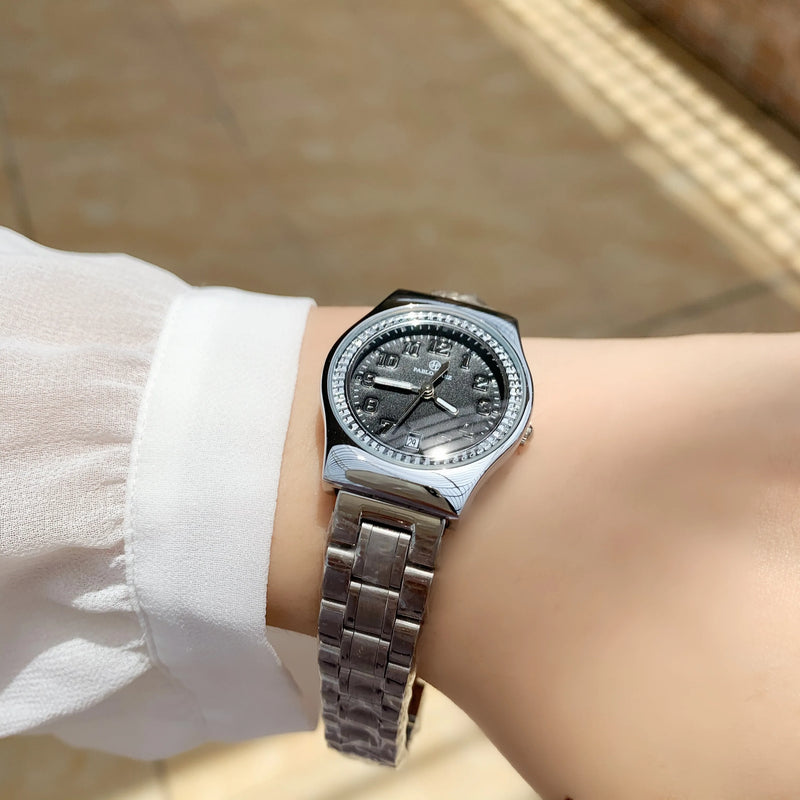 Luxury Silver Steel Watch with Butterfly Lock & Numberal Marks - Waterproof, Ideal for Women.