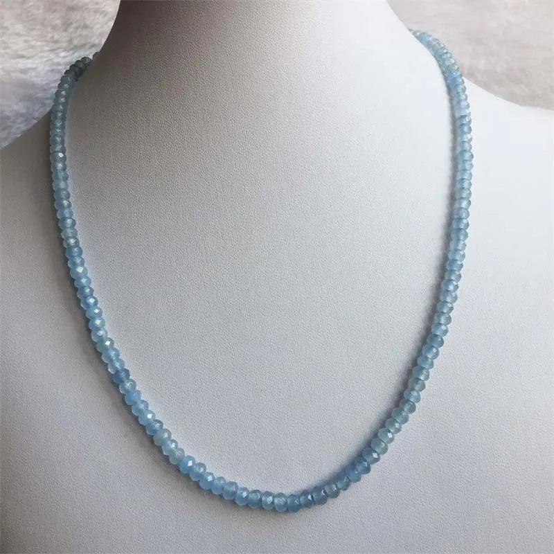 Sterling Silver Faceted Aquamarine Necklace, Vintage Natural Stone Beaded Chain Choker for Women