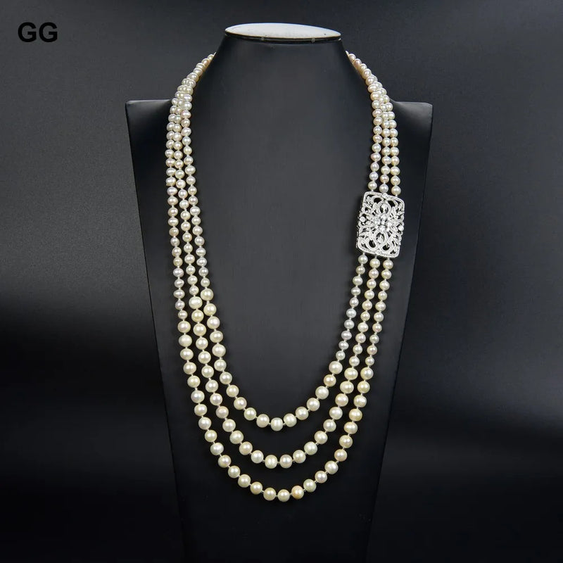 Silver or Gold Plated 3 Strand Natural White Pearl CZ Connector Long Necklace For Lady