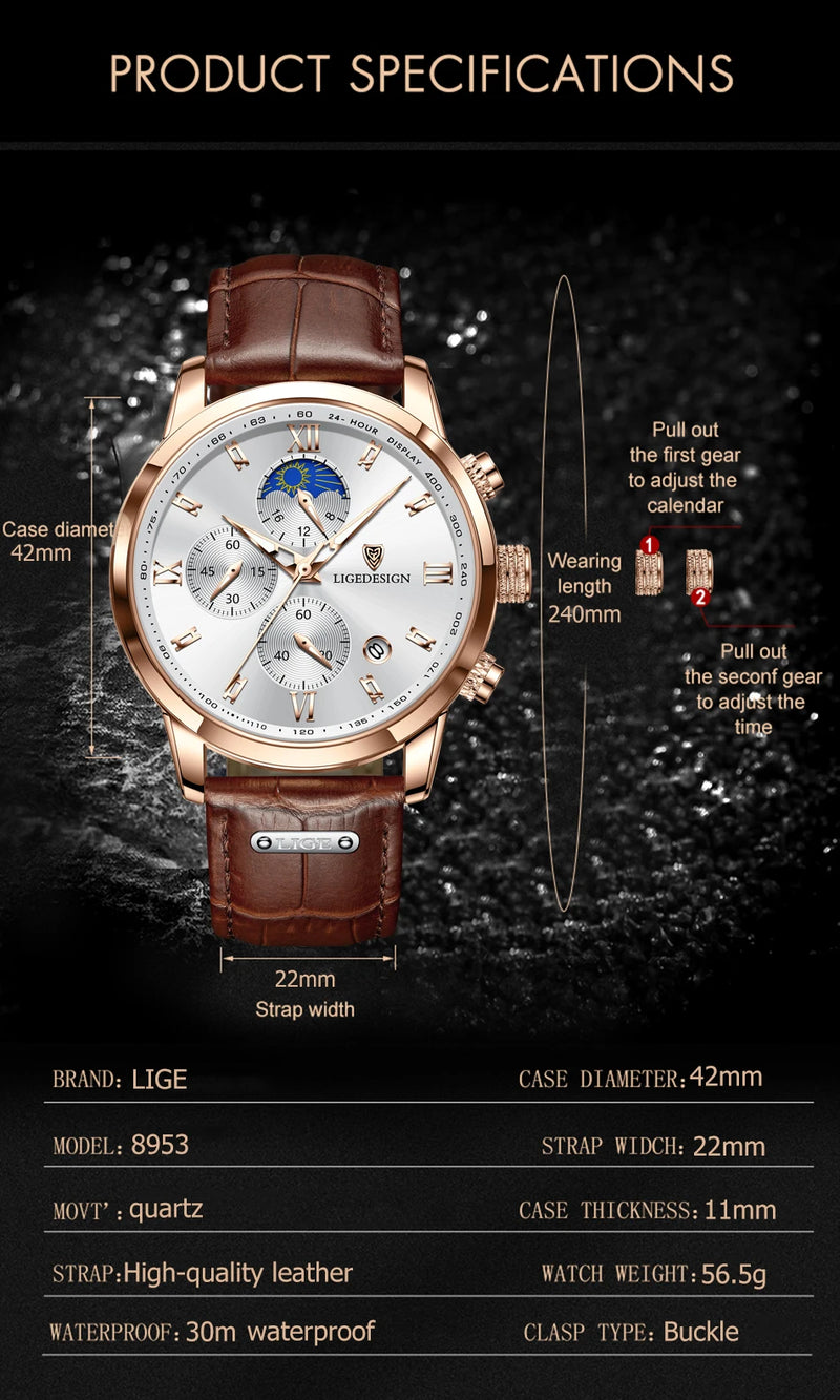 Luxury Men's Fashion Watch with Leather Strap and Waterproof Chronograph Features