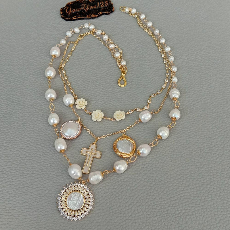 Gold Plated Freshwater White Rice Pearl Necklace with Virgin Mary Charm Pendant for Women