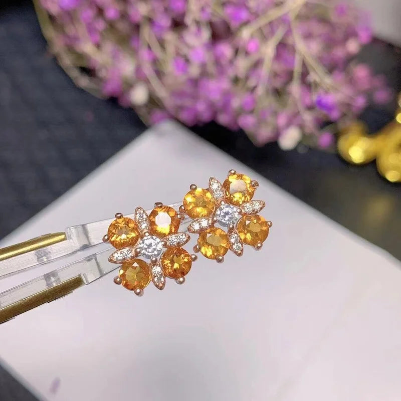 925 Silver Citrine Gemstone Flower Stud Earrings for Women