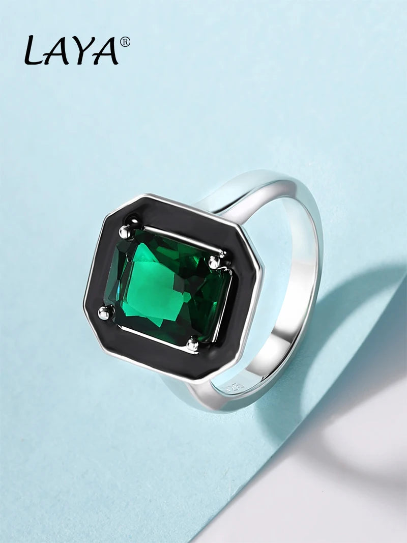 Sterling Silver Synthetic Green Crystal Black Enamel Square Ring for Women