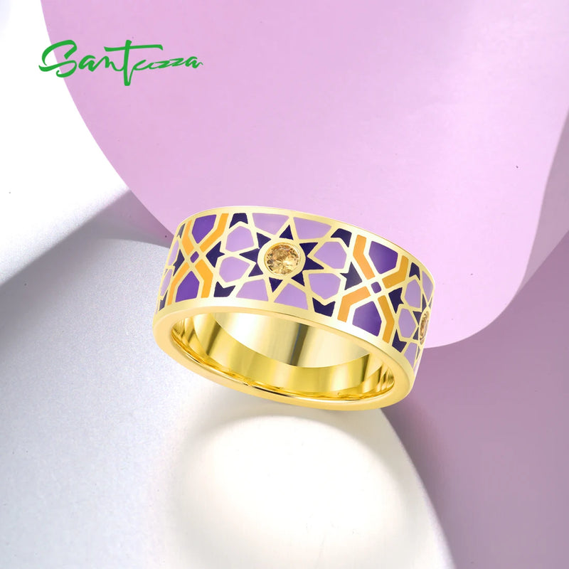 Sterling Silver Nano Cubic Zirconia Enamel Geometric Ring for Women