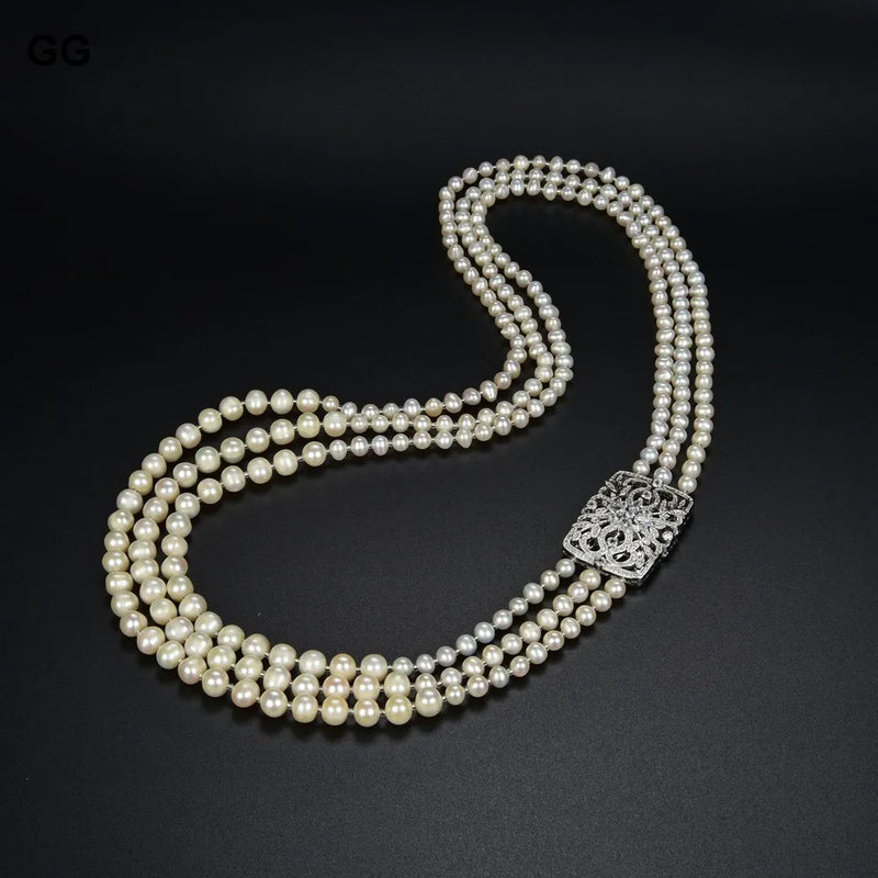 Silver or Gold Plated 3 Strand Natural White Pearl CZ Connector Long Necklace For Lady