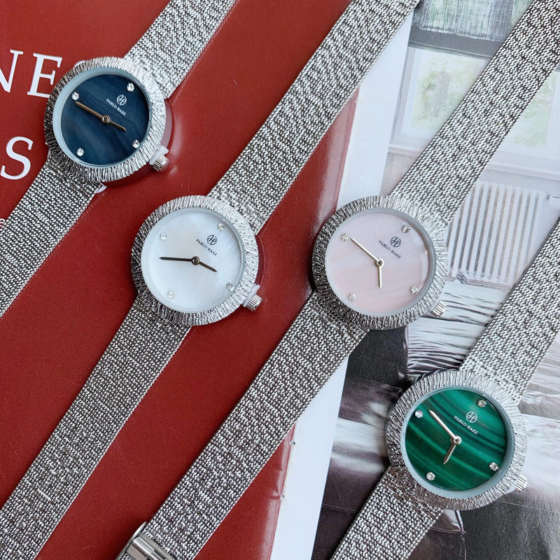 Women's Green Textured Watch with Silver Mesh Band and Japan Movement - Fashionable, Casual Style, High Quality.