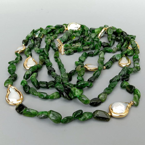 YYING  5 Strands Natural Green Diopside Cultured White Teardrop Pearl Necklace 22\"