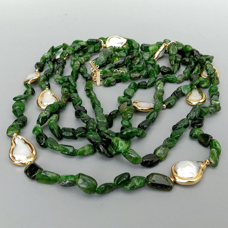 Sterling Silver Green Diopside and White Teardrop Pearl Necklace for Women