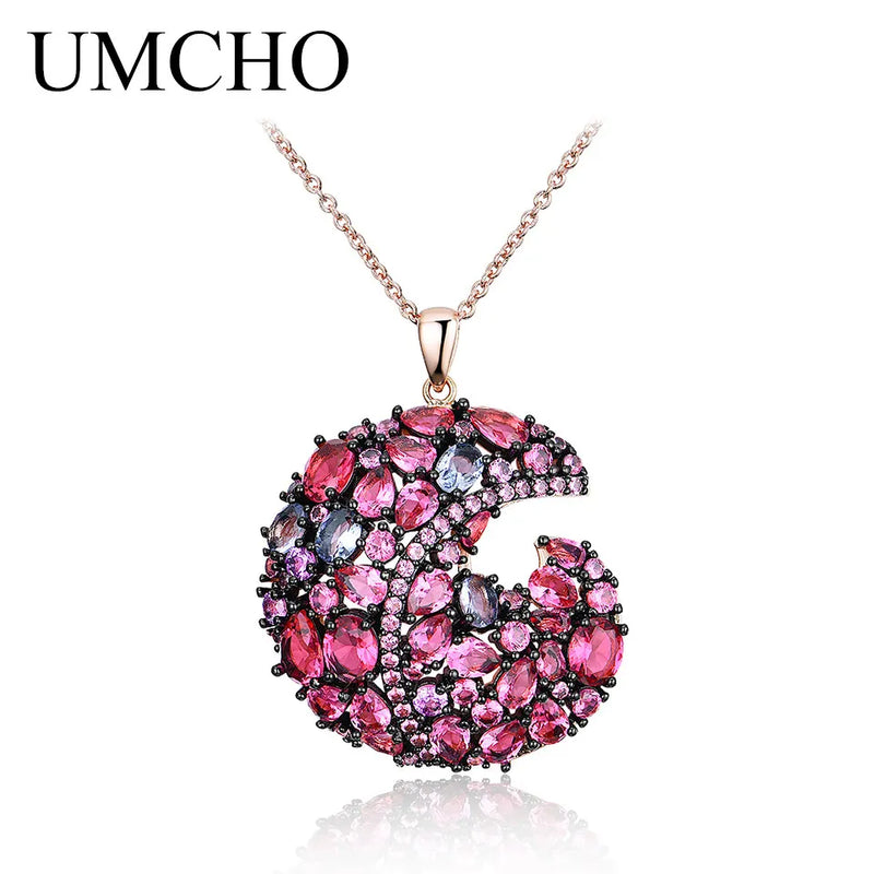 Silver Colorful Nano Stone Moon Pendant Necklace for Women