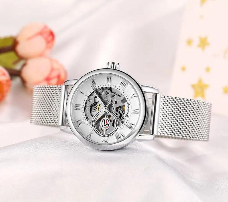 Stainless Steel Mesh Band Mechanical Watch for Woman