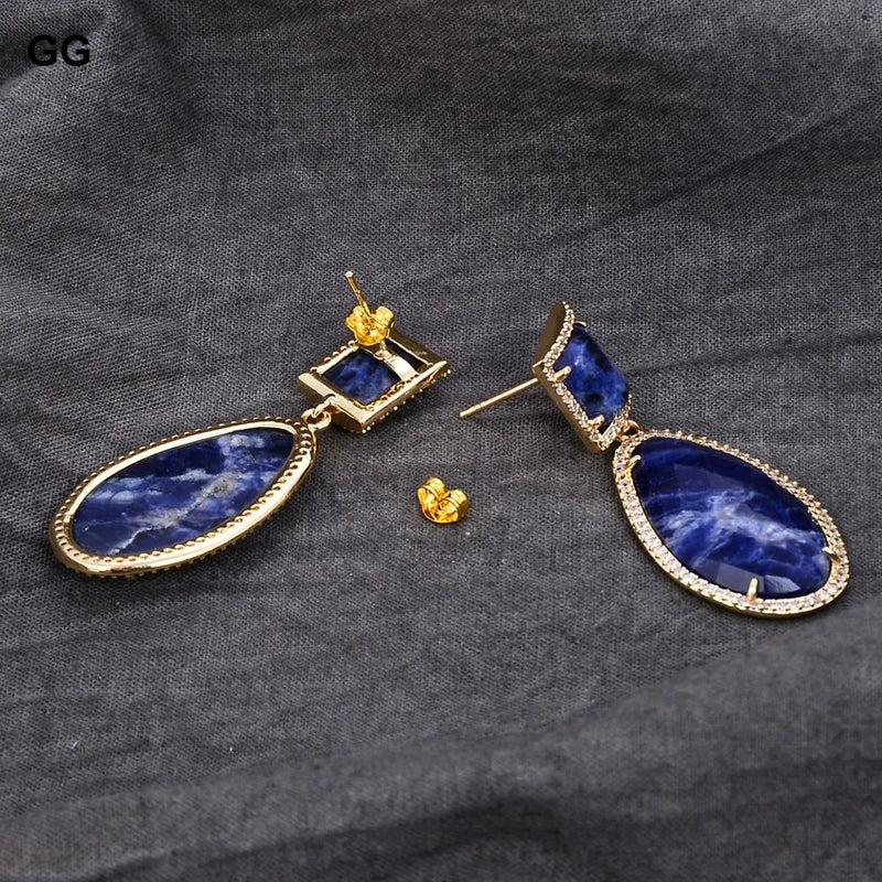 18K Gold Plated Sodalite Blue Druzy Dangle Stud Earrings for Women