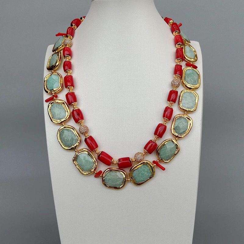 Sterling Silver Red Coral and Green Amazonite Cubic Zirconia Pave Necklace for Women