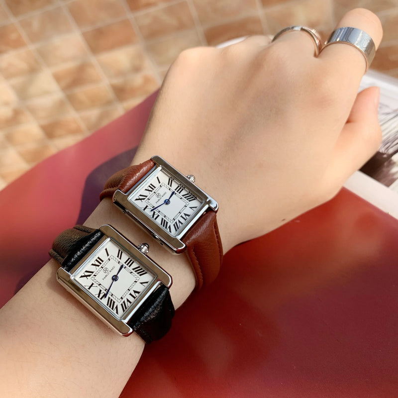 Elegant Simple Rectangle Brown Leather Women's Fashion Casual Retro Wristwatch