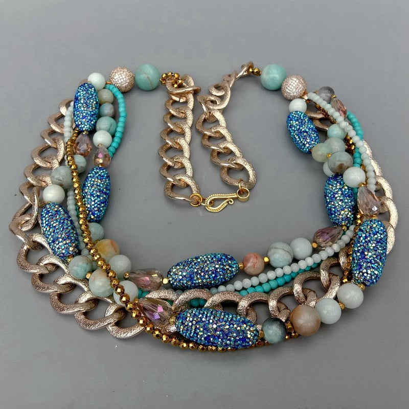 Y.YING 6 Rows Multi Strands Necklace Blue Amazonite Crystal Pave Statement Jewelry 28 statement necklace\"