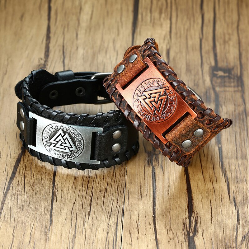 Leather Wolf Viking Compass Charm Bracelet for Men