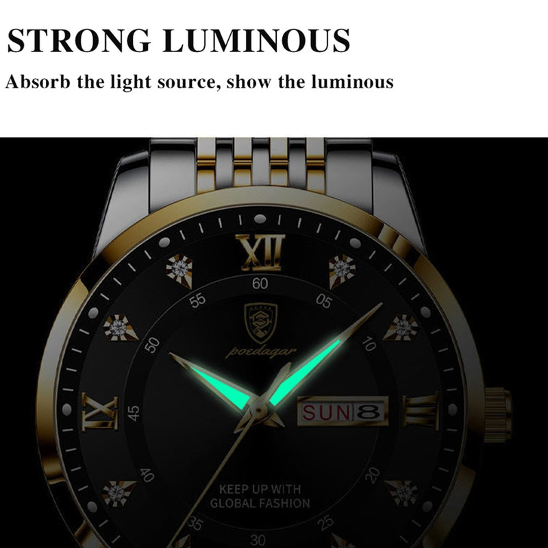 Stainless Steel Watch with Luminous, Date, Week Functions for Men