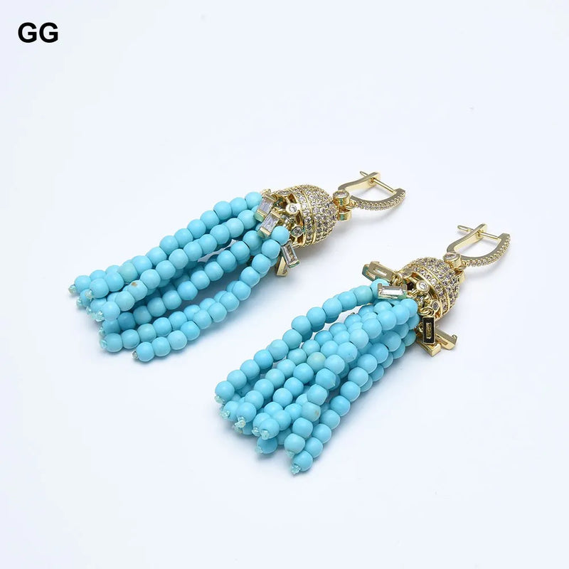 Gold Plated Blue Turquoise Crystal Earrings with Clear Cubic Zirconia for Women